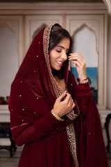 Maroon Faux Georgette Anarkali Suit – Sequence Work, Fully Stitched