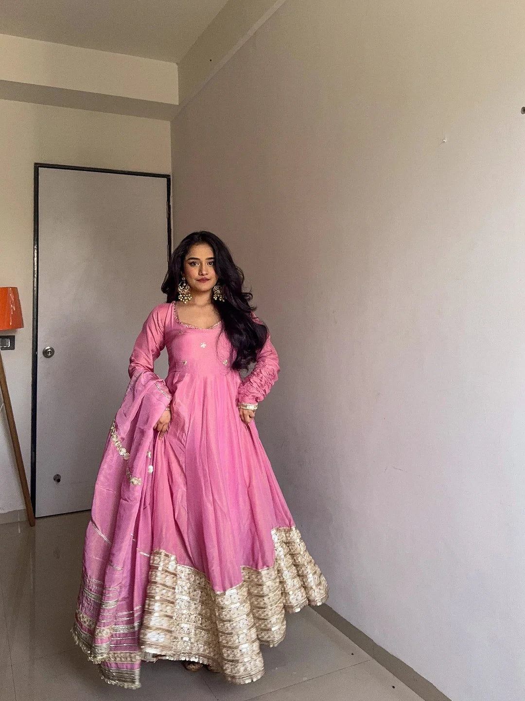 Elegant Chinon Silk Anarkali Suit with Embroidery & Dori Latkan – Three-Piece Set