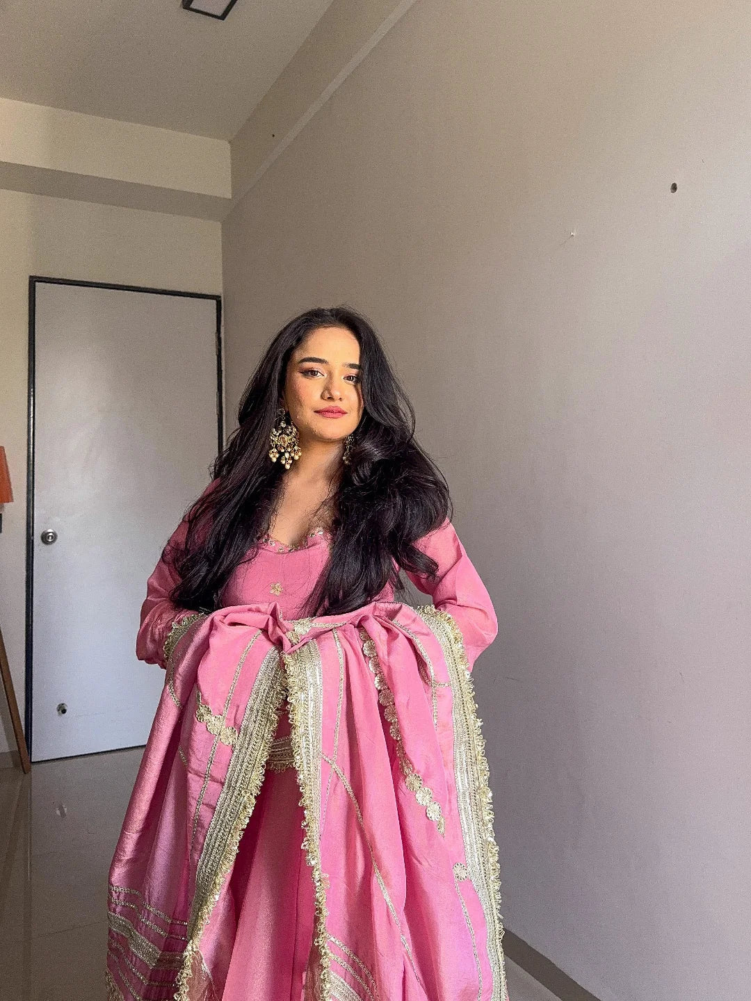 Elegant Chinon Silk Anarkali Suit with Embroidery & Dori Latkan – Three-Piece Set